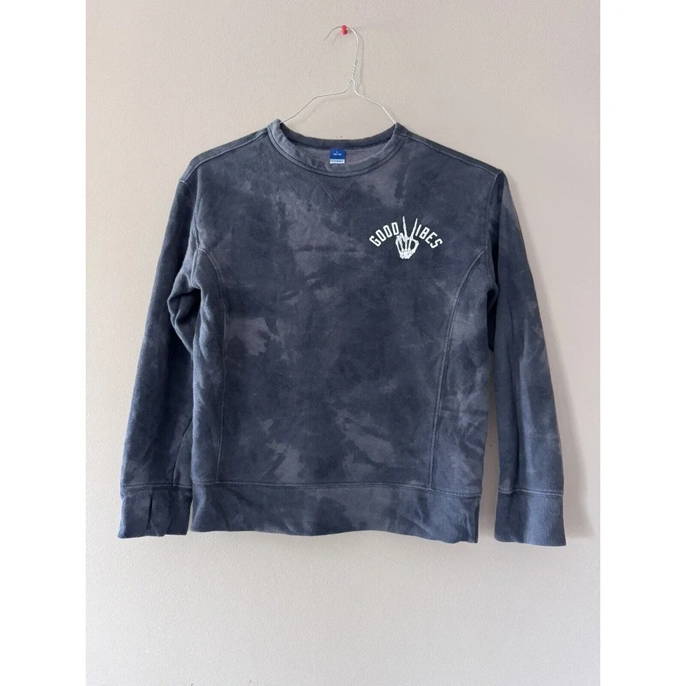 Old Navy Sweater Boys Size L 8/10 Gray Tie Dye Good Vibes Skeleton Peace EUC